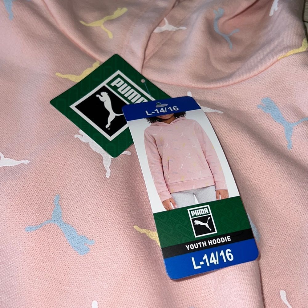 PUMA Youth Hoodie Sweatshirt Pink W/Yellow Blue White Cat Logo All Over NWT Kids - Picture 7 of 11